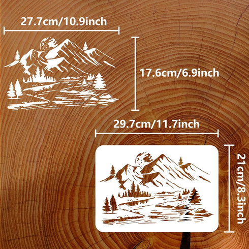 FINGERINSPIRE Mountain Stencil 8.3x11.7inch Reusable River Nature Scenery Painting Template DIY Craft Pine Tree Moon Landscape Decoration Stencil ...