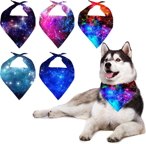 5 PCS Set Dog Bandana, Fashion Galaxy Starry Sky Purple Blue Pet Kerchief Polyester Dog Bandanas Dog Scarf Dog Neckerchief Washable Dog Bandana, D...