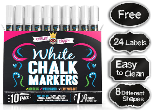 CHALKY CROWN Liquid Chalk Marker Pen - White Dry Erase Marker - Chalk Markers for Chalkboard Signs, Windows, Blackboard, Glass - 6mm Reversible Ti...