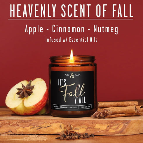 Fall Candles - 'It's Fall Yall' Fall Candle w/Apple Cinnamon & Nutmeg I Infused with Essential Oils I Autumn Fall Scented Candles I Cozy Cute Fall...