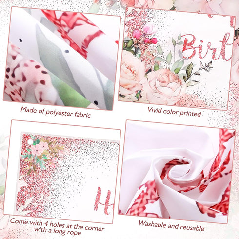 Breling 2 Pcs Pink Happy Birthday Backdrop Banner and Tablecloth for Women Rose Gold Birthday Party Decorations Plastic Floral Table Cover Backdro...