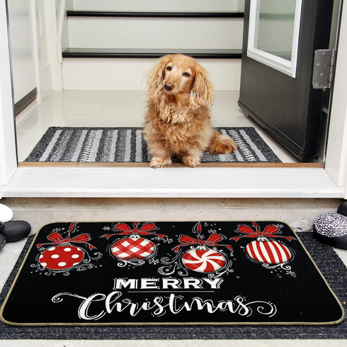 Merry Christmas Door Mat Black Red Christmas Ball Front Door Mat with Anti-Slip Rubber Back Xmas Holiday Indoor Outdoor Carpet for Home Office Kit...