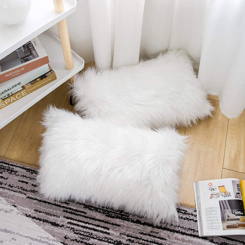 WLNUI Set of 2 White Decorative Lumbar Fluffy Pillow Covers New Luxury Series Merino Style Faux Fur Throw Pillow Covers Fuzzy Cushion Case Spring ...