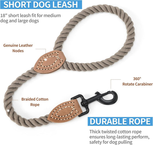 Mile High Life Short Dog Leash | Braided Cotton Rope Dog Leashes with Leather Tailor Tip | 18 Inch Dog Leash w Heavy Duty Metal Clasp | Wedding Do...