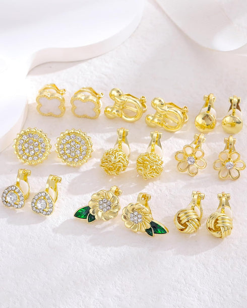 18 Pairs Gold/Silver Clip on Earrings for Women Teens Hypoallergenic Non Pierced Earrings Cute Clip on Earrings Set Faux Pearl Heart Flower Love K...