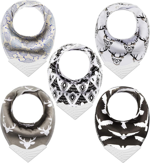 Giftty BabyBandana Bibs with Teething Corner, Teething Bib, BPA-Free Silicone Teether and Adjustable Snap for Baby Boys, (Black Forest, 5-Pack)...