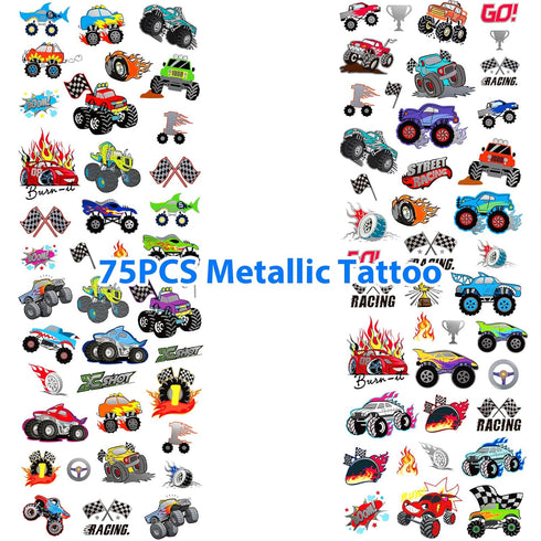 75 PCS Truck Temporary Tattoos for Kids, Groovy Metallic Styles Tattoos for Truck Wheels Birthday Party Supplies Racing Car Checkered Flag Trophy ...
