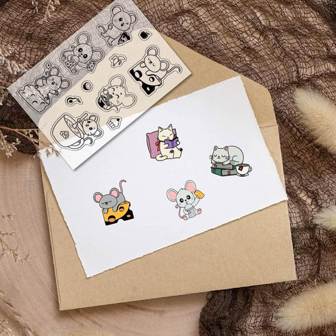 CRASPIRE 2 Styles Cat Clear Stamps Mouse Kitten Book Animal Reusable Background Postmark Transparent Silicone Stamp Seals for Journaling Card Maki...