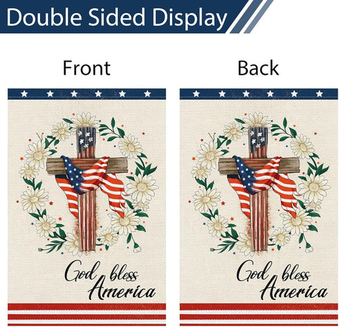 God Bless America 4th of July Garden Flag 12x18 Inch Double Sided, Patriotic Religious Cross Yard Flags Independence Day Daisy Flower Yard Banner ...