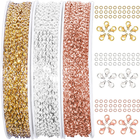 Jishi 30ft Jewelry Making Chains Bulk 2mm Necklace Chains, Jewelry Making Supplies, DIY Craft Earring Bracelet Making Findings, 3-Colors Gold Silv...
