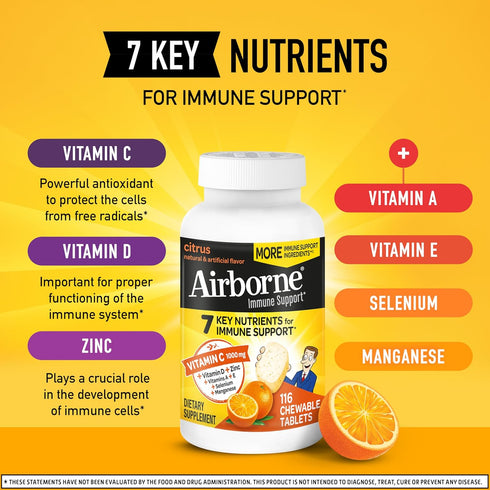 Airborne Vitamin C 1000mg (per Serving) - Citrus Chewable Tablets (116 Count in a Bottle), Gluten-Free Immune Support Supplement, with Vitamins A ...