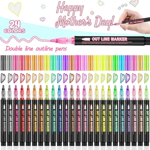 Double Line Outline Markers, 24 Colors Self-Outline Metallic Markers Super Squiggles Shimmer Outline Marker Set for Drawing, Birthday Greeting Car...