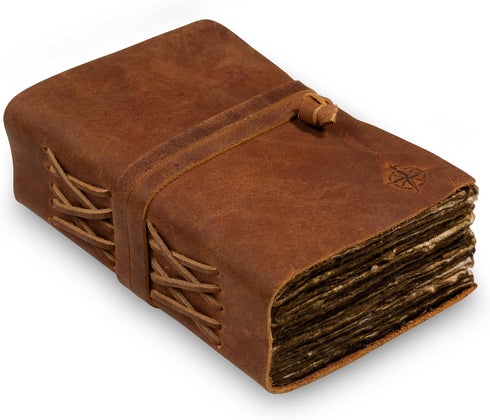 WANDERINGS Small Vintage Leather Journal - Only 4"x6" - Antique Handmade Leather Bound Journal with Old Fashioned Deckle Edge Paper - Perfect for ...