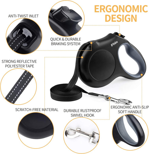 Fida Retractable Dog Leash, 16 ft Dog Walking Leash for Small Dogs up to 26 lbs, 360° Tangle Free, Black...
