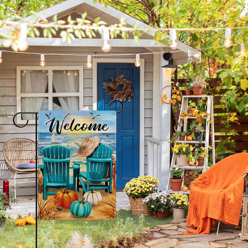 Welcome Fall Sea Pumpkin Garden Flag Double Sided, Autumn Beach Ocean Chairs Coastal Decorative Yard Outdoor Home Small Decor, Seagull Sailboat Na...