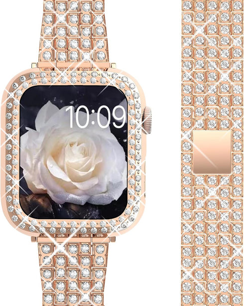QVLANG Compatible for Apple Watch Band 44mm Series 6/5/4/SE, Diamond Rhinestone Case + Women Bling Band Stainless Steel Metal Bracelet for iWatch ...