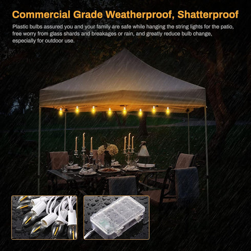 LED Canopy and Umbrellas Lights, 23 Ft LED Outdoor String Lights with Shatterproof Plastic 8LED C7 E-12 Light Bulbs, Waterproof, C Battery Powered...