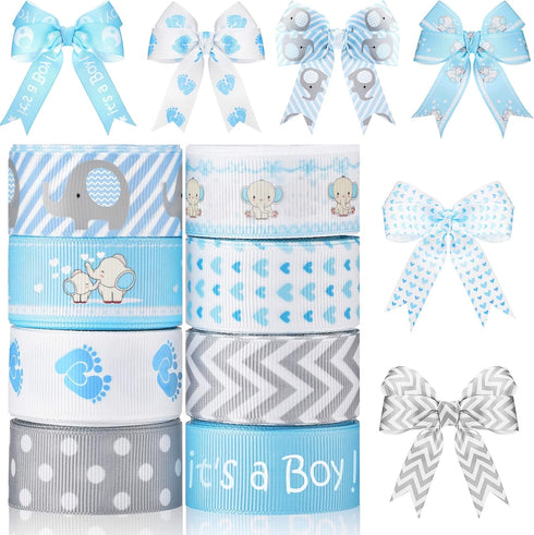 8 Roll Baby Elephant Grosgrain Ribbon 7/8 Inch Baby Shower Craft Ribbon It's a Boy/Girl Foot Print Ribbon for Gift Wrapping Baby Shower Gender Rev...