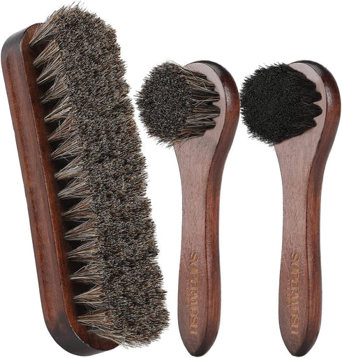 3 Pieces Horsehair Shoes Shine Brush Kit - Soft Bristles Leather Clean & Care Brushes for Shoes, Boots, Clothes and Bags, 1 Shoe Shine Brush + 2 P...
