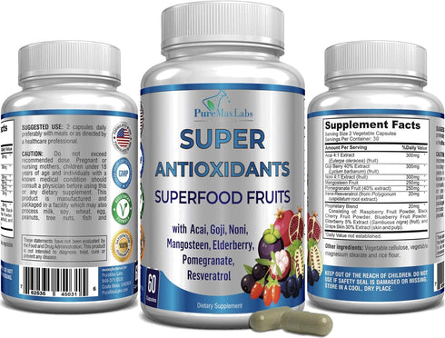 Super Antioxidant Fruit Superfood Complex - Powerful Antioxidant Superfruits, Acai, Goji, Noni, Mangosteen, Pomegranate, Elderberry, Resveratrol, ...