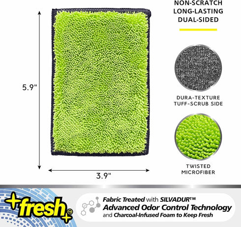 Fresh Professional Microfiber Sponge Cloths, Fabric Treated with SILVADUR Advanced Odor Control Technology and Charcoal-Infused Foam, 6-Pack Spong...