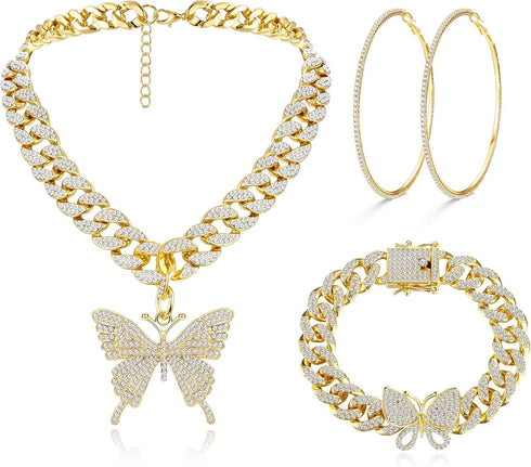 Sanfenly Cuban Link Chain Jewelry Set Bling Rhinestone Butterfly Pendant Necklace Bracelet and Crystal Large Hoop Earrings Set Silver Gold Accesso...