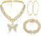 Sanfenly Cuban Link Chain Jewelry Set Bling Rhinestone Butterfly Pendant Necklace Bracelet and Crystal Large Hoop Earrings Set Silver Gold Accesso...
