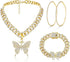 Sanfenly Cuban Link Chain Jewelry Set Bling Rhinestone Butterfly Pendant Necklace Bracelet and Crystal Large Hoop Earrings Set Silver Gold Accesso...