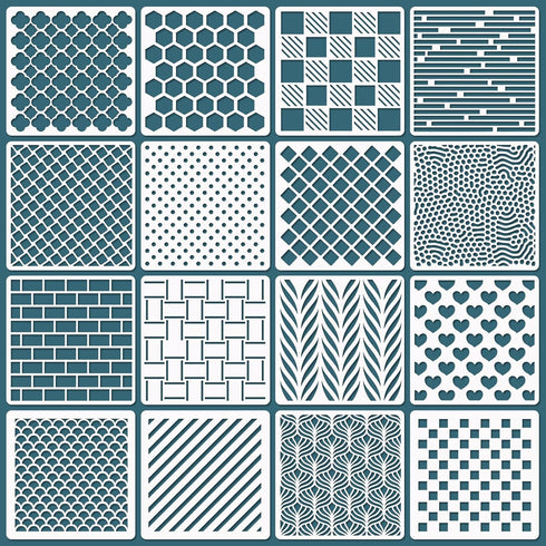 16 Pcs Geometric Stencils for Painting, 6"x6" Mixed Texture Dots Star Heart Checkered Buffalo Bricks Geometric Stencils for Painting on Card Canva...
