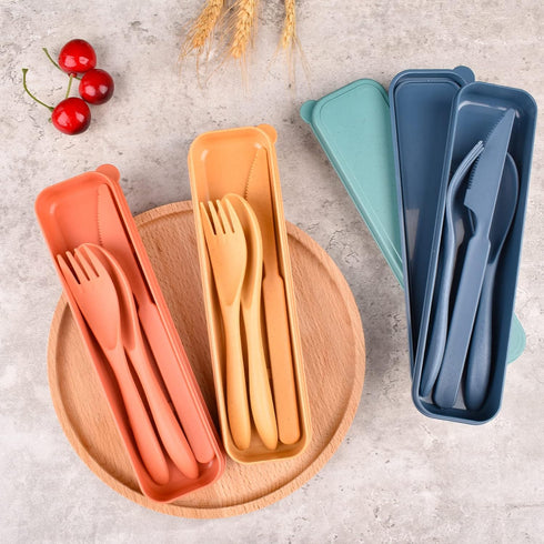 Reusable Wheat Straw Cutlery with Case, Portable Dark Utensils Set for Adults, Tableware Camping Cutlery Set for 4 People, Travel Utensils Set for...