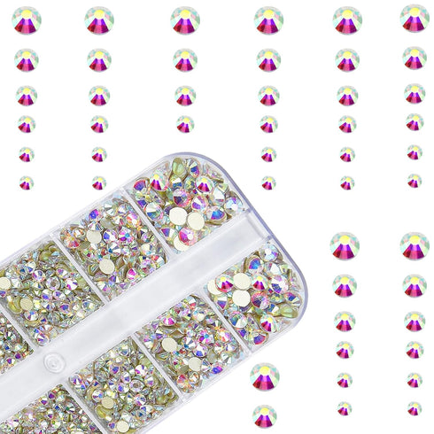 HUETFAT 2400 Pieces Flat Back Gems Round Crystal AB Rhinestones 6 Sizes (1.9-4.5 mm) with Storage Organizer Box Wax Pencil Tweezers for Nail Art C...