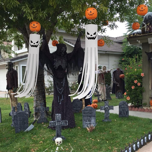 CCINEE 2 Pack Halloween Ghost Windsock Flag with Lights, 70.8 Inch Glow in the dark Halloween Outdoor Hanging Decor for Yard Patio Garden Pathway ...