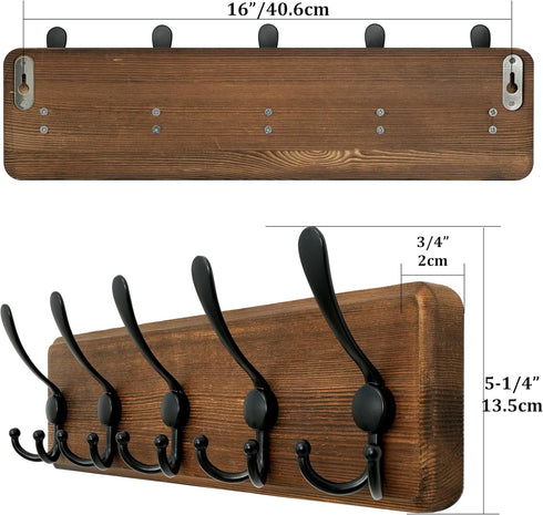 WEBI Rustic Coat Rack Wall Mount,Solid Wood Coat Hooks Wall Mounted Coat Hanger,16" Hole to Hole,Hook Rack Rail,5 Triple Hooks for Hanging Coats,J...