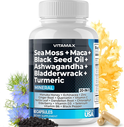 Sea Moss 3000mg Maca 1000mg Black Seed Oil 2000mg Ashwagandha 1000mg Bladderwrack, Turmeric - Manuka, Elderberry, Vitamins C & D3, Chlorophyll, Zi...