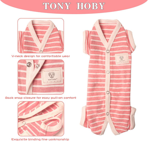 TONY HOBY Female Pet Dog Pajamas, 4 Legged Dog Pjs Jumpsuit with Stripes, Soft Cotton Surgery Recovery Dog Clothes (S, Pink+White-Girls)...
