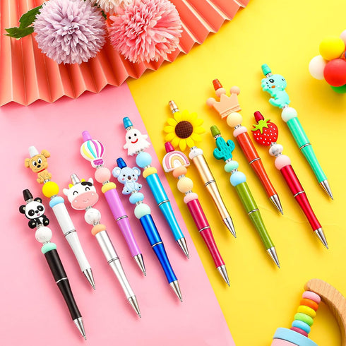 Ctosree 12 Pcs Beadable Pens Kit Silicone Focal Beads for Beadable Pens DIY Cute Animals Bead Pens Making Kit Cow Dinosaur Rainbow Beaded Ballpoin...