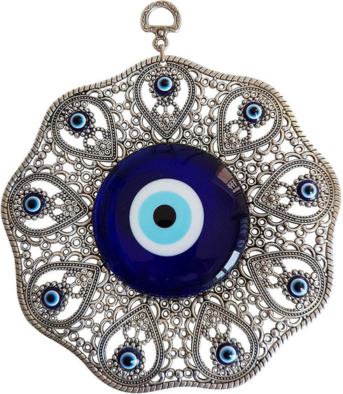 Turkish Glass Blue Evil Eye Wall Hanging Ornament - Metal Home Decor - Turkish Amulet - Protection and Good Luck Charm Gift in a Box...