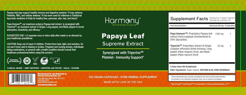 Harmony Nutraceuticals Papaya Leaf Supreme Extract Highest Potency Maximum Bioactivity Organic Dr. Gumman's Clinical Grade 120 Vegan Capsules Syne...
