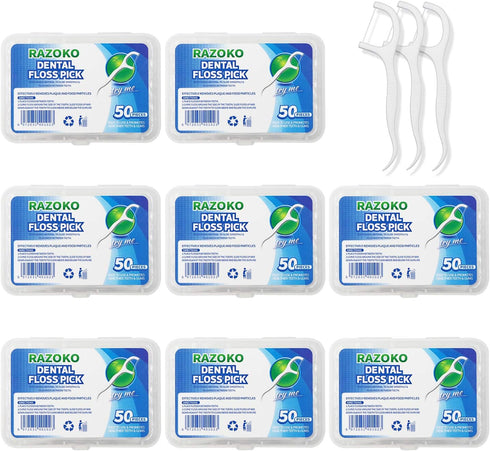 RAZOKO Dental Floss Picks High Toughness Professional Toothpicks Sticks 8-Pack(400pcs) with Portable Case and Dental Picks...