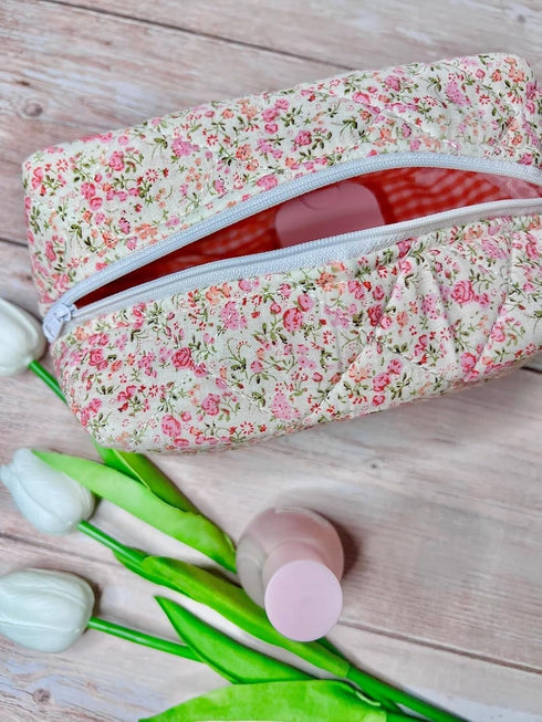 Quilted Floral Makeup Bag, White/pink floral pattern....