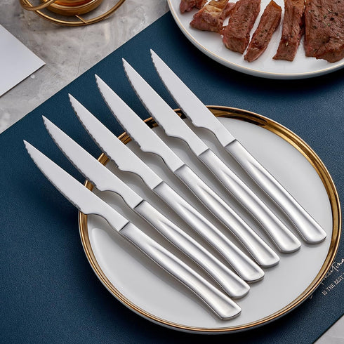 Silver Steak Knife Set, 6 Piece Stainless Steel Kitchen Knife Set & Kitchen Utility Knives, 8.7-inch Silver Serrated Steak Knives, Dinner Knives, ...