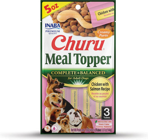 INABA Churu Meal Topper for Dogs, Complete & Balanced, Creamy, Lickable Purée Dog Food Toppers, 1.69 Ounce Tube, 3 Tubes (3 per Pack), Chicken wit...