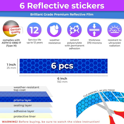 LOOM Reflective Stickers Kit (6pcs Brilliant-Blue)• Nighttime Safety Waterproof Self-Adhesive Decals for Helmets, Skateboard, Bike, Scooter, E-Bik...