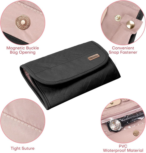Travel Jewelry Roll Organizer Case - Women Portable Jewellery Storage Foldable Pouch for Necklace Earring Bracelets, Black...