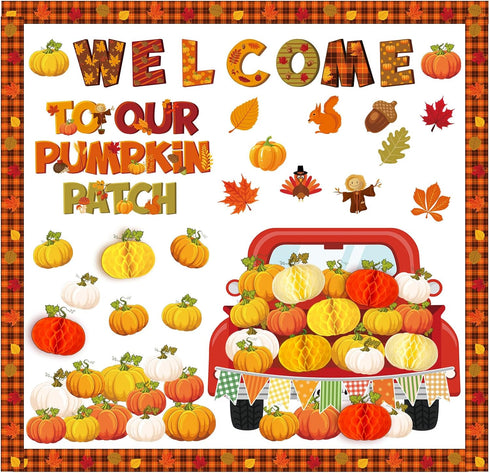 Qilery 98 Pieces Fall Classroom Bulletin Board Decorations Welcome to Our Patch Red Truck Maple Leaves Pumpkin Thanksgiving Paper Cutouts with Hon...