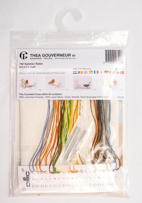Thea Gouverneur - Counted Cross Stitch Kit - Summer Robin Bird - Aida - 16 count - Embroidery Kit for Adults - DMC Embroidery Threads and other Cr...