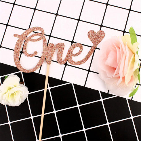 Unimall Letter 'One' Heart Cake Topper for 1st Birthday, Rose Gold Glitter Cake Decorating Supplies, First Anniversary, Baby Shower...