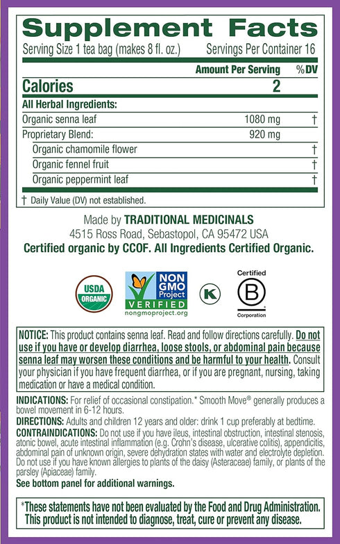 Traditional Medicinals Organic Smooth Move Senna Chamomile Herbal Tea, Relieves Occasional Constipation, (Pack of 2) - 32 Tea Bags Total...