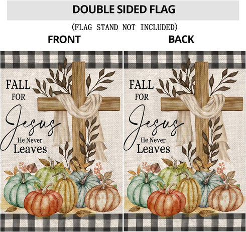 Fall Cross Garden Flag 12x18 Double Sided,Religious Cross Fall for Jesus Buffalo Plaid with Pumpkins Small Yard Flags for Outside,Seasonal Flags f...