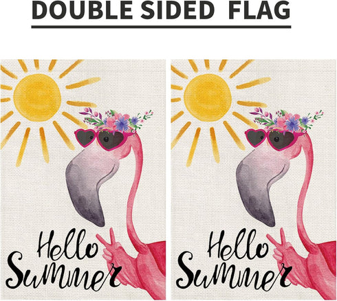 Hello Summer Flamingo Small Garden Flag Burlap Vertical Double Sided 12x18 Inch, Farmhouse Holiday Floral Beach Yard Outdoor Decor DF490...